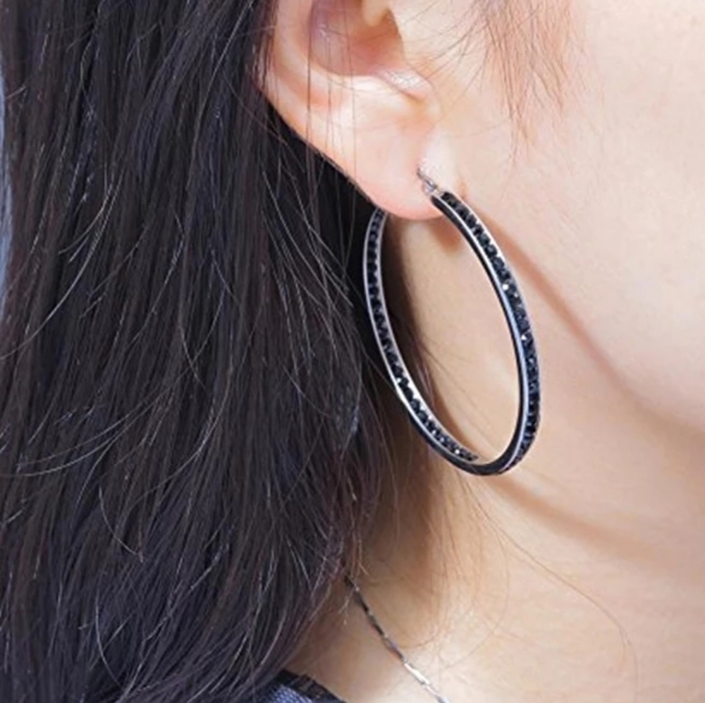 Sterling Silver 2" Black Spinel Hoops - Picture 12 of 12